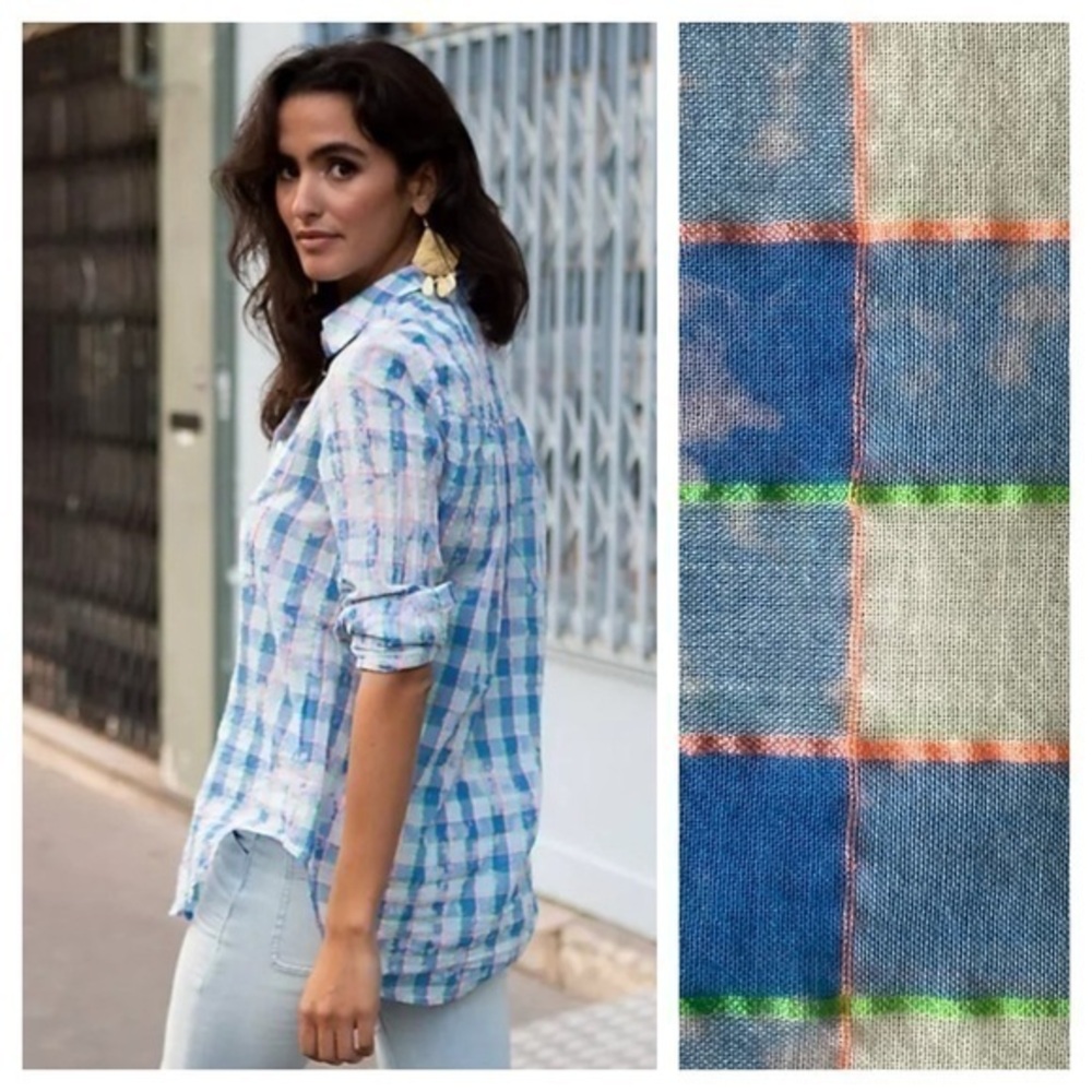 Anthropologie Pilcro Cate Blue Tie-Dye Neon Plaid Button Down Top Shirt Small